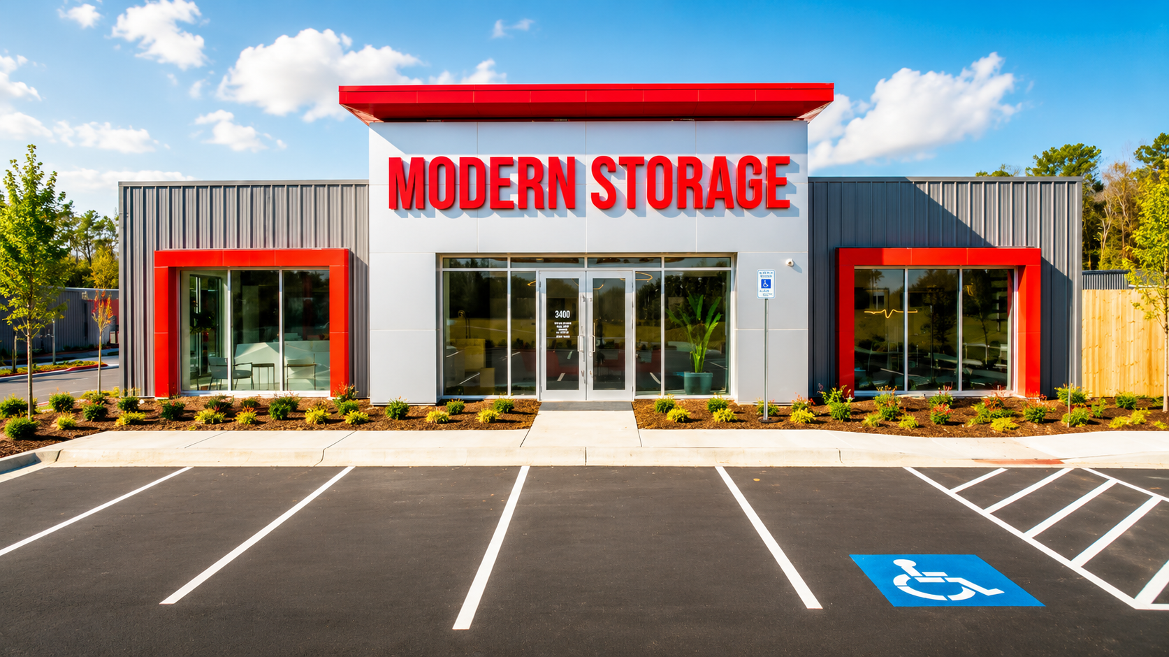 Modern Storage® Shackleford Building Front Front exterior of the Modern Storage® Shackleford facility with red signage, glass entry doors, parking spaces, and accessible parking.